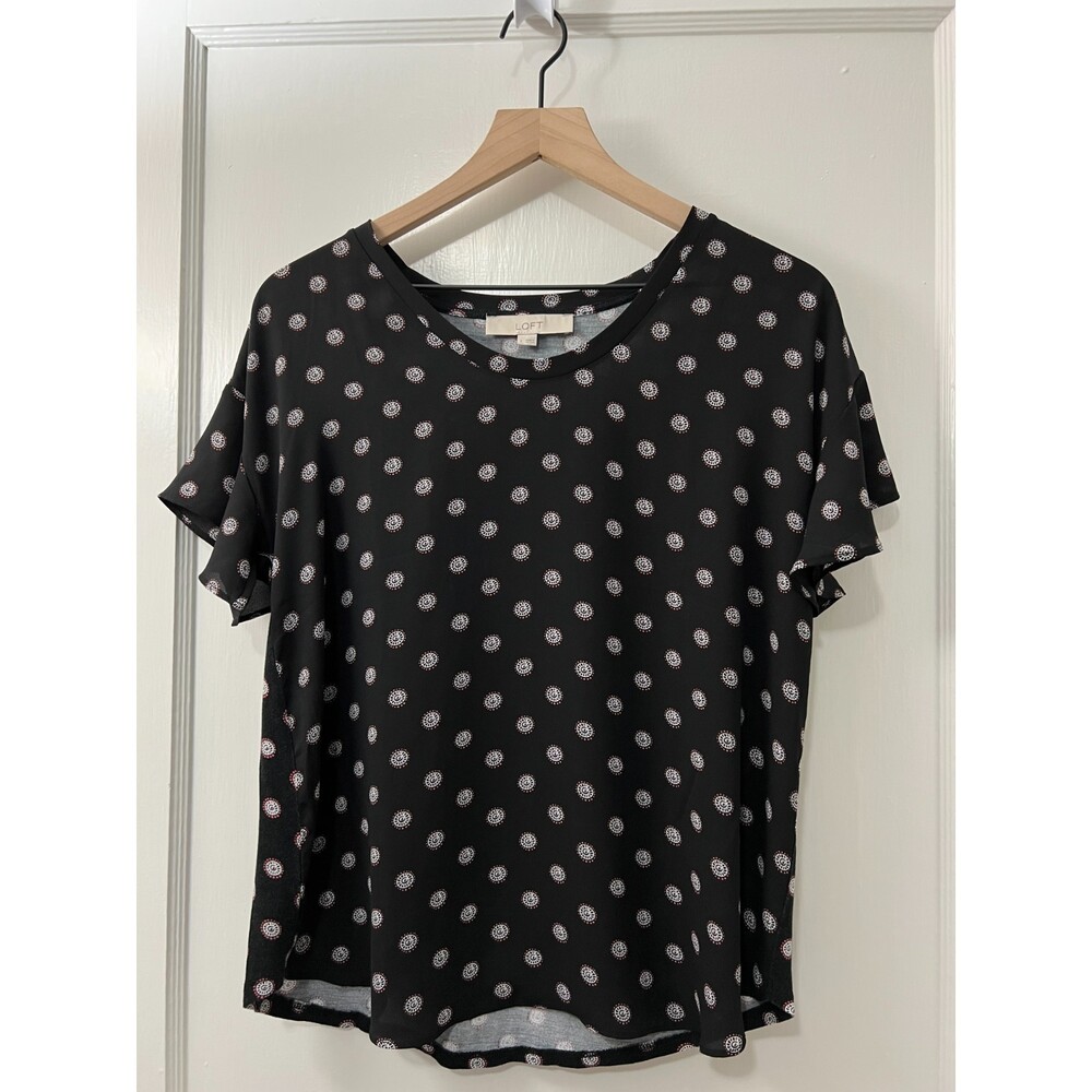 LOFT Black White Red Circle Dot Print Blouse Top Short Sleeve Ruffle - Women's S